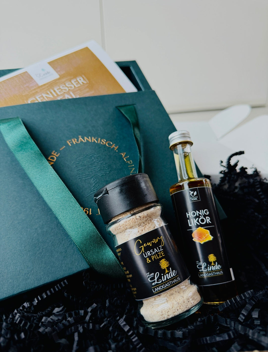 Linde-Geschenbox: Wertgutschein nach Wahl mit Pilz-Ursalz & Honig Likör